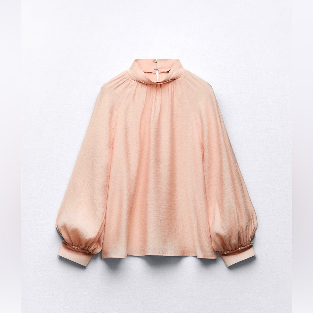 ZARA ROLLED DOWN COLLAR PEARL TOP - NWT - NEW W/TAG - BEIGE-PINK - S